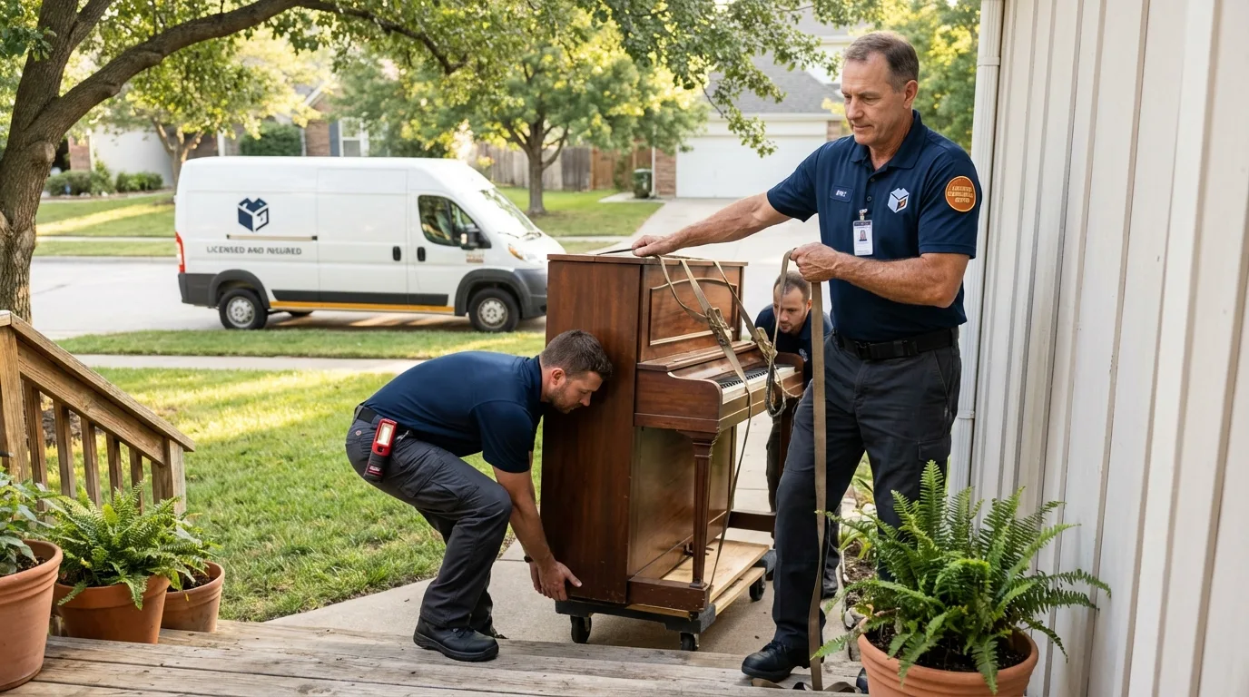 Licensed piano movers securing grand piano in Wendell, MA