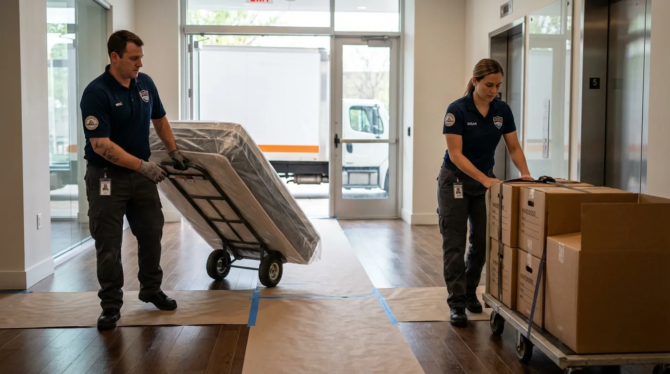 Professional apartment movers loading elevator in Wendell, MA