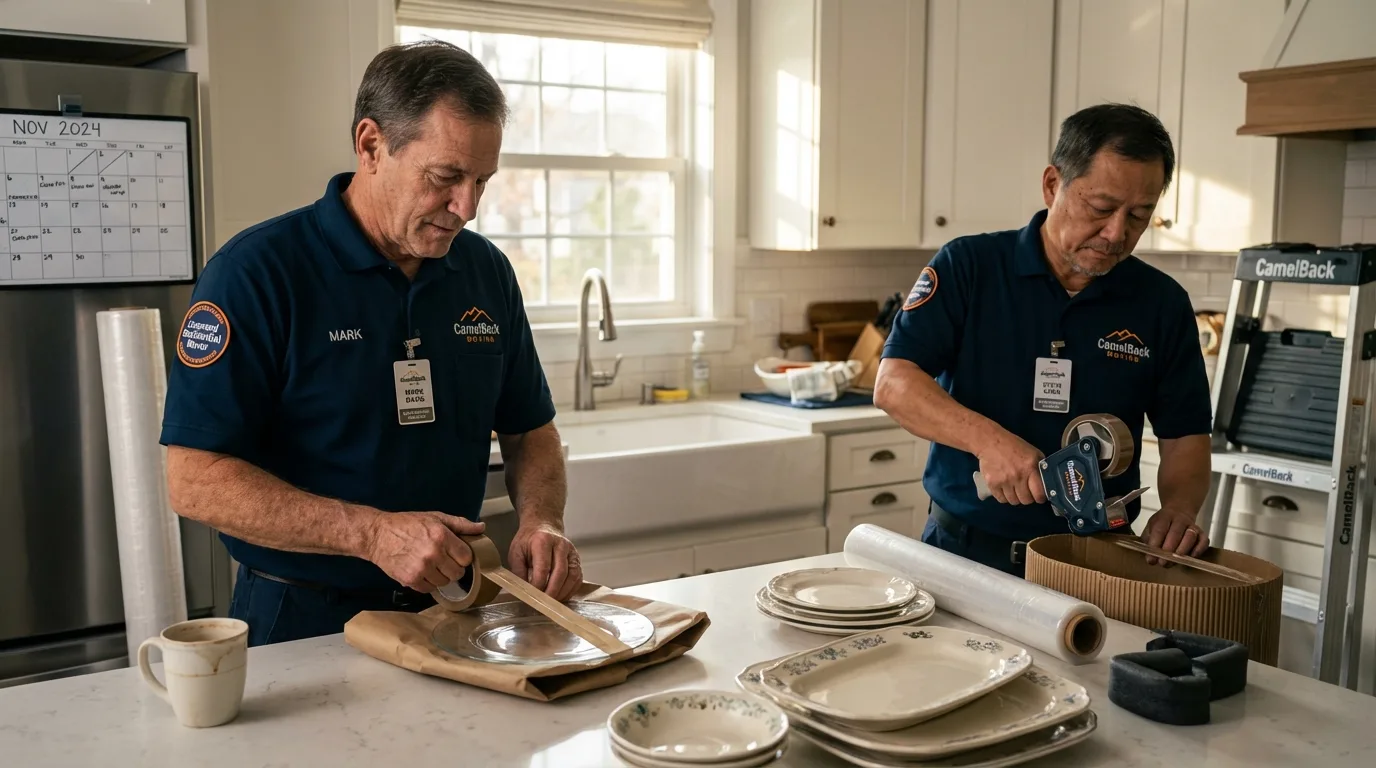 Professional crew packing kitchen dishware in Wendell, MA
